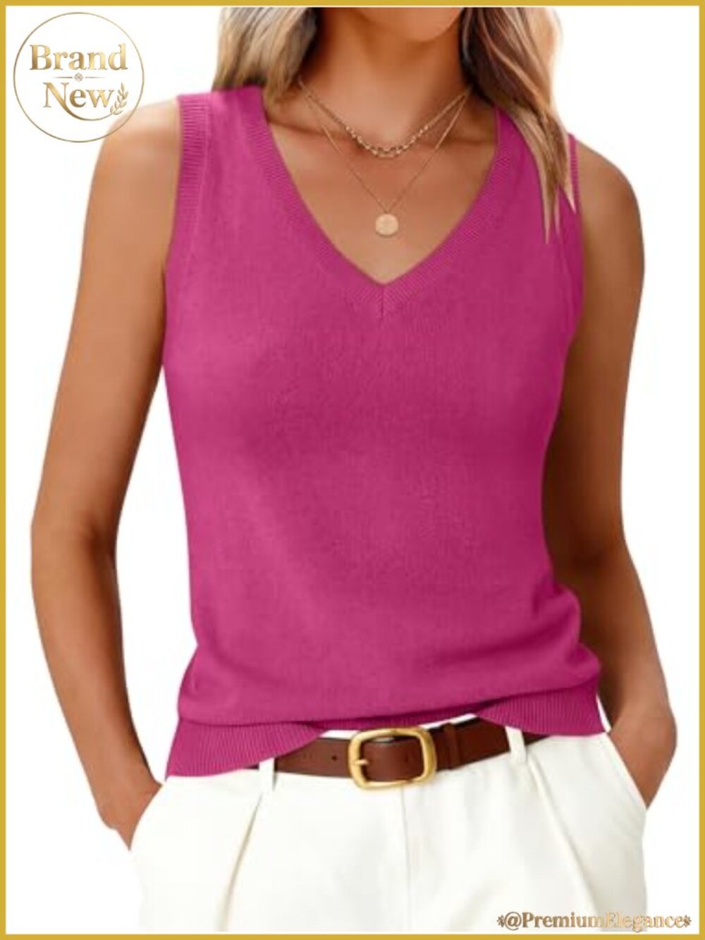 Wool Blend Sleeveless Sweater Tank V-Neck Slim Fit Knit Top
